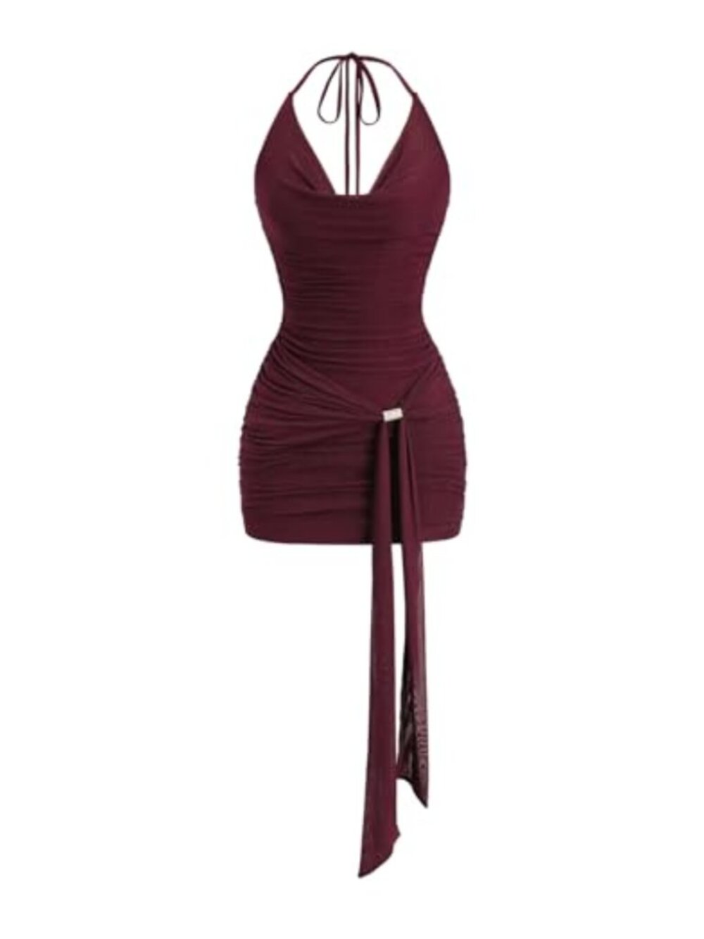 Women Ruched Halter Bodycon Mini Dress Draped Cowl Neck Sleeveless Open Back